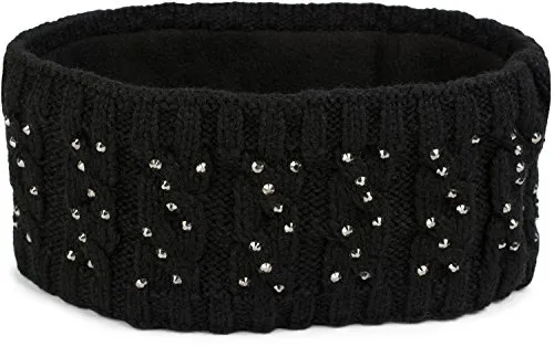 styleBREAKER Damen Stirnband mit Zopfmuster und Strass, weiches Fleece Innenfutter, Haarband, Headband 04026001, Farbe:Schwarz