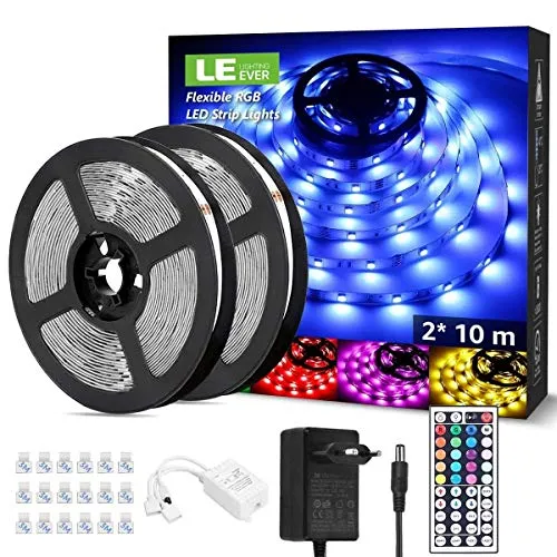 LE LED Strip 20M(2x10M), RGB LED Streifen Band, 5050 SMD 600 LEDs Stripes für Weihnachten, 12V Selbstklebend Lichtband mit Fernbedienung, Flexibel LED Leiste, Lichterkette für Haus, Party, Bar, TV