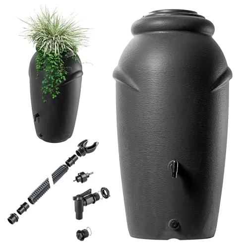 KADAX Regentonne aus Kunststoff 210 L, Regenwassertank mit Wasserhahn, Pflanzschale und Deckel, Dekorativer Regentank, Frostsicheres Regenfass