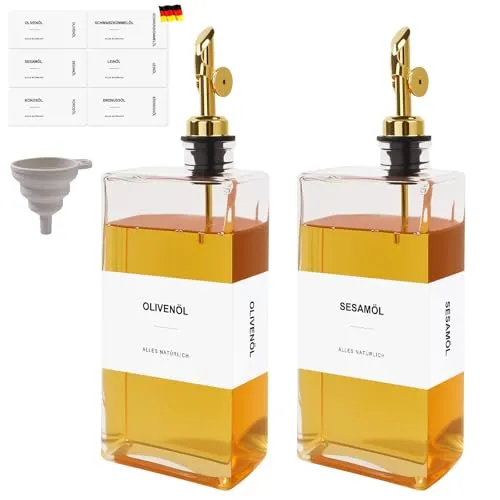 Otauoaea Ölflasche 2 x 500 ml Olivenöl Flasche,Essig und Ölflaschen Set,Ölflasche mit Ausgießer,Essig Öl Flaschen für Küche,BBQ, Sirup Spender,Öl Flaschen Ölspender mit Aufkleber und Trichter