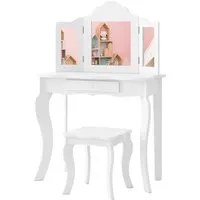 COSTWAY Kinder Schminktisch mit Hocker und Spiegel - Schminktisch für Mädchen, robustes Design mit abnehmbarem Spiegel und großer Schublade für ordentliches Make-up-Zubehör, ideal als Geschenk für kleine Prinzessinnen.