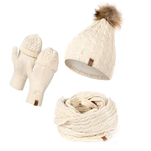 HEYO Mütze Schal Handschuh Set für Damen | Gefütterte Wintermütze mit Kunstfellbommel | Großer Loop Schal | Gestrickte Finger/Fingerlose- Winterhandschuhe für Touchscreen (Beige)