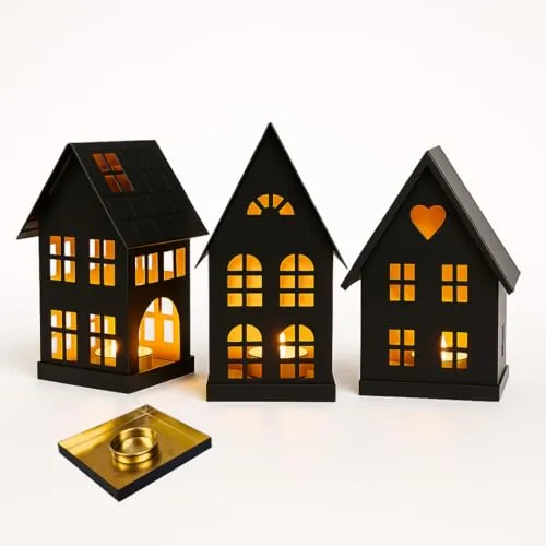 WEVOH Windlicht Deko Häuser Set 3 Stück aus Metall – Schwarze Teelichthäuser in verschiedenen Designs (13×11×19 cm, 11×10×19 cm, 14×13×20 cm), Windlichter Hausform für Teelichter & LED Tischdekoration