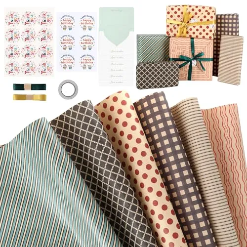 Stück Geschenkpapier, 70 x 50cm Geschenkpapier Geburtstag, Weihnachtsgeschenkpapier mit 2 Seidenband und 6 Grußkarten, Wrapping Paper für Taufe, Geburtstag, Hochzeit und Weihnacht 6