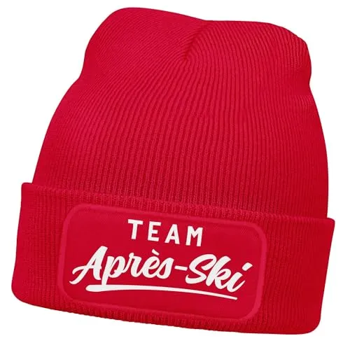 MoonWorks® Damen Beanie Patch Skifahren Strickmütze mit Spruch Team Après Ski Aufdruck Lustig Damenmütze Rot Unisize