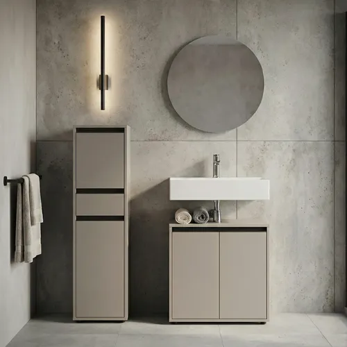 Badmöbel Set 3-tlg Soft-Close | HAMBURG Kadima Design - Modernes 3-teiliges Badezimmer-Set mit runden Spiegel, Waschbeckenunterschrank und Beistellschrank. Ideal für mittelgroße Bäder mit Soft-Close-Technik für geräuschloses Schließen und stilvollen griffen aus pulverbeschichtetem Metall.