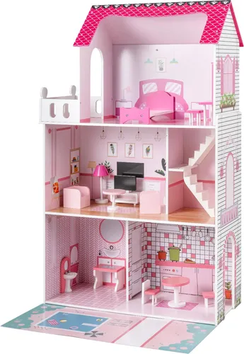 COSTWAY Puppenhaus Holz, Kinder Dollhouse mit 17 Möbelstücken&3 Etagen, große Puppenvilla, Traumvilla für Kinder 2+, 73x 34x120,5 cm (Rosa)