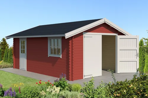 Garage Satteldach 40 mm Yarik rot 400x560 cm - Gartenhäuser, Geräteschuppen & Carports – Hochwertige Blockbohlen-Konstruktion, abschließbar und mit 19,79 m² Nutzfläche, ideal für sichere Lagerung.
