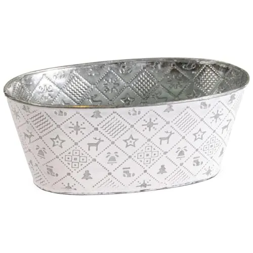 Ovaler Pflanztopf Winterdeko, Pflanzkübel in 24 x 13 x 10 cm, Silber - Metall Pflanzschale als Weihnachtsdeko - Dekorative Blumenschale für Zimmerpflanzen, Blumentopf für Fensterbank oder Garten