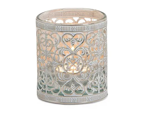 matches21 HOME & HOBBY Kerzenhalter Vintage Kerzenglas als Windlicht Laterne silber weiß in 8 x 8 cm, Moderner Glas Kerzenhalter als Wohnzimmer Balkon Hochzeit Tisch-Deko