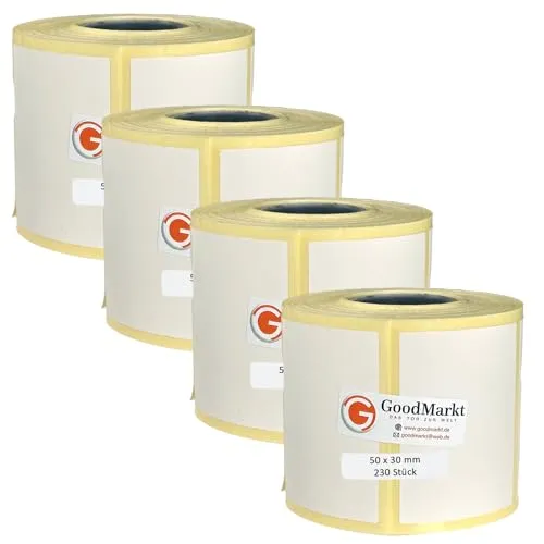 GoodMarkt Thermodirekt Etiketten selbstklebend | 50x30 mm, 4 Rollen, 920 Etiketten - Ideal für Haushaltsetiketten, Barcodeetiketten und mehr. Die GoodMarkt Thermoetiketten bieten eine exzellente Druckqualität und sind kompatibel mit gängigen Druckern. Einfach anzubringen und mit 230 Etiketten pro Rolle für langfristige Nutzung.