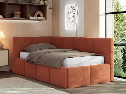 MKS MEBLE Jugendbett ARVO 90x200 cm mit Stauraum und Polsterung - Orange Plüsch - Modernes Jugendbett mit 90x200 cm Liegefläche und integriertem Bettkasten. Der hochwertige Bezug sorgt für ein angenehmes Schlafklima. Ideal für stilvolle Jugendzimmer!