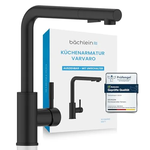 Bächlein Küchenarmatur Varvaro – 360° schwenkbar, matt schwarz - Berührbare Wasserhähne für die Küche, mit ausziehbarem Schlauch und umschaltbarer Brause für maximale Flexibilität und Komfort.