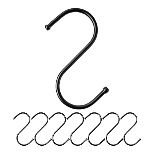 S-Haken zum Einhängen, 8 Stück, in Schwarz, Metallhaken für bis Ø 32 mm Stangen, Länge 85 mm, S Haken für Küche, Kleiderstange, Garage, Topf, Pfanne, Tasse, Hängehaken, Küchenhaken, Doppelhaken Set