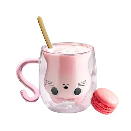 Volumoon Süße Katzentassen, Milchbecher mit Doppelwand, Katzentee Kaffeetasse, Cappuccino Latte Glas, Transparente Tassen mit Griffen für Frauen, Katzenliebhaber, Geburtstagsgeschenk 300 ML (Pink)