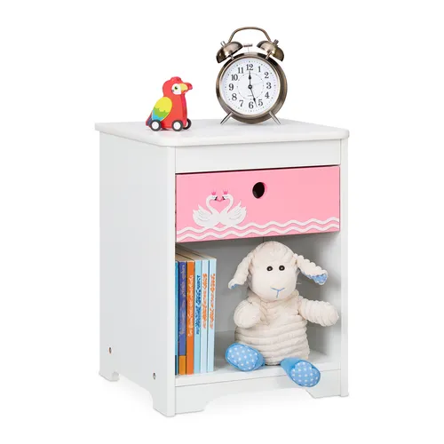 Nachttisch Kinder Schwan Kommode - Hübsche Nachtkommode für Mädchen, aus MDF mit 1 Schublade, ideal für das Kinderzimmer und sorgt für Ordnung und Stil.