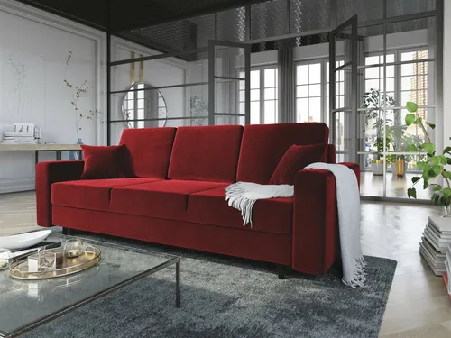 Sofa 3-Sitzer CARDE mit Schlaffunktion in Rot - Sofa & Sessel: Modernes Schlafsofa in Rot mit praktischer Schlaffunktion, ideal für Gästeübernachtungen, inklusive 2 Zierkissen.