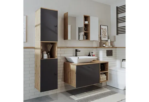 Roomart Badmöbel-Set LOTUS-I-95 cm, (Komplett-Set, • Waschbecken mit Unterschrank • Spiegelschrank • Seitenschrank), •Weiß-Eiche •Eiche •Anthrazit-Eiche