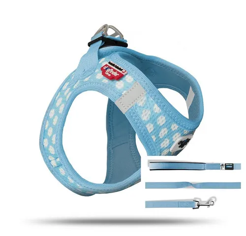 curli Vest Harness Air-Mesh Skyblue-Circles M & Leash L - Ergonomisches Hundegeschirr und leichte Leine im modernen Design, inklusive DogFinder ID für höchste Sicherheit und reflektierenden Streifen für nächtliche Spaziergänge.