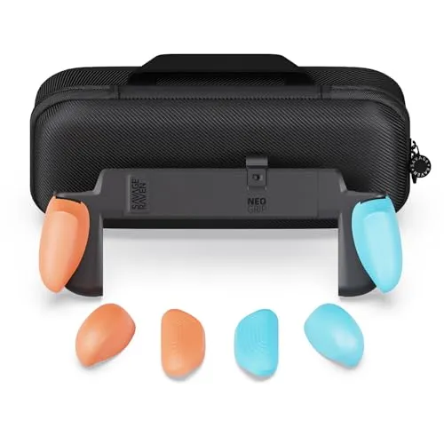 Savage Raven by Skull & Co. NeoGrip Bundle for Nintendo Switch 2: An Ergonomic Grip Hard Shell Handheld Case with Replaceable Grips [to fit All Hands Sizes] [with Carrying Case]- Neon Blue+Neon Red