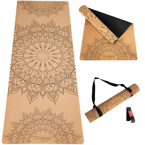 DIVASYA Premium Yogamatte Kork – Nachhaltige Yogamatte aus Naturkautschuk - Erlebe rutschfeste Stabilität mit der DIVASYA Yogamatte aus natürlichem Kork und Kautschuk. Mit 66 cm Breite und 0,4 cm Dämpfung ist sie ideal für anspruchsvolles Yoga. Inkl. Tragegurt für einfachen Transport.