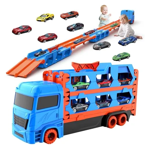 Spielzeug Lastwagen mit 8 Rennautos,Transport-LKW für Kinder von 3 4 5 6 7 8+Jahren,Rennwagen in Garage,Tragbares & Faltbares Spielzeugauto mit 61-Zoll-Rennbahn,Geburtstagsgeschenk für Jungen