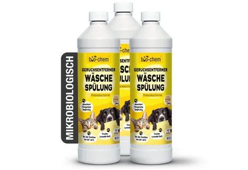 bio-chem Textilerfrischer Geruchsentferner Wäschespülung 1 L - Textilerfrischer mit probiotischer Enzym-Technologie, entfernt hartnäckige Gerüche wie Tier- und Urin aus Textilien, für hygienisch frische Wäsche und langanhaltenden Lavendelduft.
