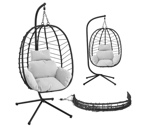 STEELSØN Hängesessel Alarian - höhenverstellbar und faltbar für drinnen und draußen - Hängesessel aus Polyrattan, belastbar bis 150 kg, inklusive Gestell und Sitzkissen, ideal für entspannte Stunden im Garten oder Wohnzimmer.