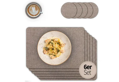 Tischsets mit Glasuntersetzer 6er Set Braun Leinen Stoff-Optik - Elegante Tischsets im 6er Set - stilvolles Design und pflegeleichtes Material. Ideal für Küche und Esszimmer, bieten sie eine rutschfeste Unterlage und harmonieren perfekt mit jedem Tisch. Maße: 50 x 35 cm, Glasuntersetzer 10 cm.
