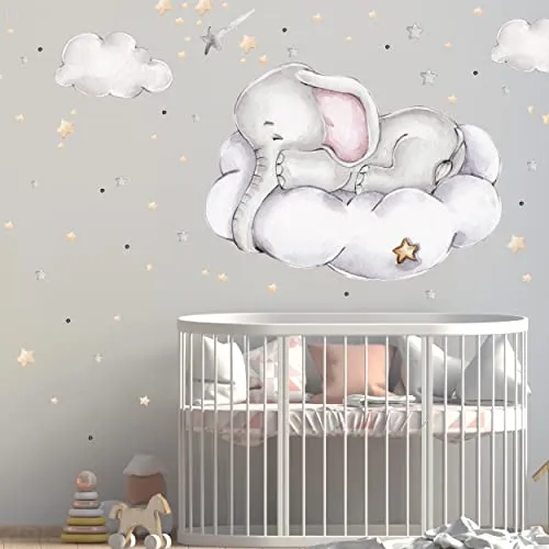 WANDKIND Elefant auf der Wolke Wandtattoo V316 | handgezeichnet | AUFKLEBER Kindergarten | Wandsticker Kinderzimmer Elefanten mit Sterne Elephant Wolken (40 x 40 cm)