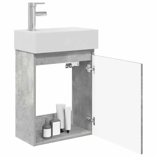 vidaXL Badezimmer Waschtischunterschrank mit Wasserhahn Betongrau - Moderner Waschtischunterschrank mit integriertem Wasserhahn in stilvollem Betongrau. Bietet viel Stauraum und ein funktionales Design für eine optimale Organisation im Badezimmer.
