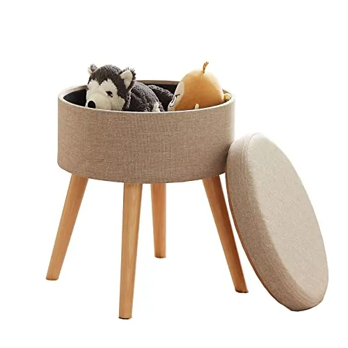 Zedelmaier Sitzhocker Aufbewahrungsbox Stuhl Ottoman Polstersitz aus Leinen und Massivholz,Hocker fürs Kinderzimmer (Beige)