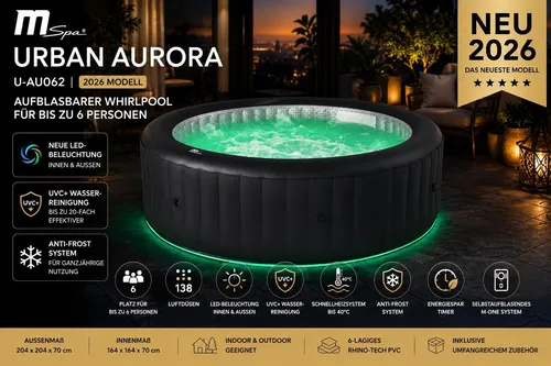 MSpa Whirlpool aufblasbar 2025 AURORA - XXL für 6 Personen mit LED Farbwechsel - Outdoor-Whirlpool für 6 Personen mit 138 Luftdüsen, LED Farbwechsel und ganzjähriger Nutzung dank Anti-Frost-System. Einfacher Aufbau mit Plug & Play und integrierter Selbstreinigungsfunktion.