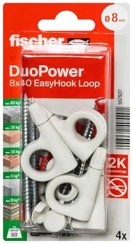 fischer EasyHook Loop K (4), Set aus 4 Ösenhaken-Schrauben und DuoPower 8 x 40 Dübeln, Spanplattenschrauben mit Haken, flexible Schraubhaken zur Montage in zahlreichen Baustoffen