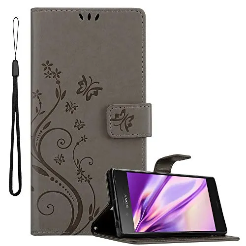 Cadorabo Hülle kompatibel mit Sony Xperia XZ1 Blumen Design aus Premium Kunst Leder Flip Klappbare Stoßfeste Magnetische [Standfunktion] [Kartenfächern] Cover Hülle für Sony Xperia XZ1 Tasche in Grau