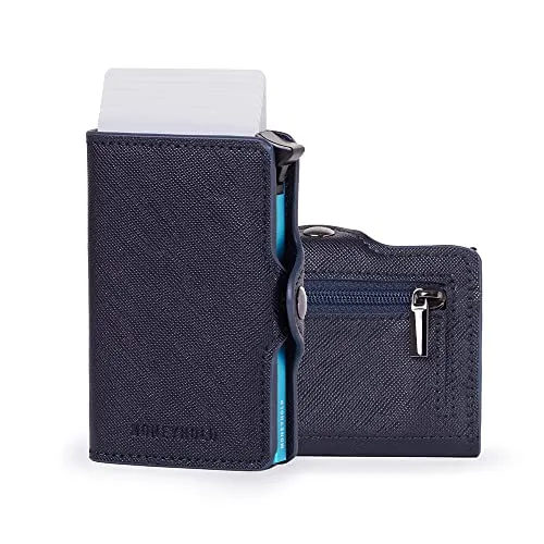 Moneyhold® Slim Wallet - Kartenetui Herren - RFID Schutzhülle Karten Portemonnaie - Kleine Geldbörse Herren Vegan mit Münzfach (2 - Mit Münzhalter, 1E - Saffianoblau)