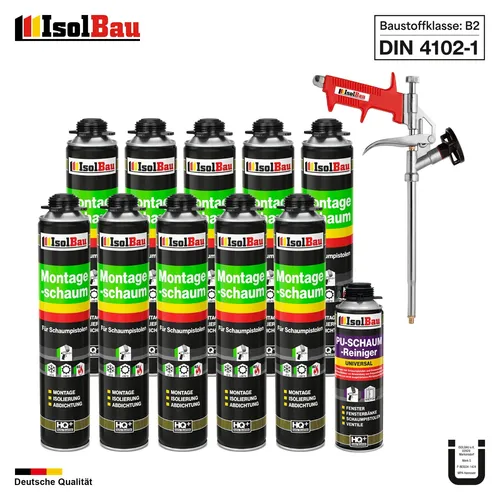 Pistolenschaum Bauschaum Montageschaum 10x750ml + 1x PU-Reiniger + Schaumpistole