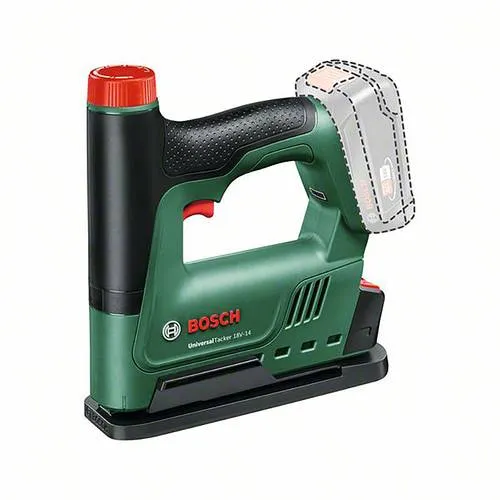 Bosch Home and Garden UniversalTacker 18V-14 - Akkutacker für vielseitige Heimwerkerprojekte, kraftvolles Klammern und Nageln in verschiedenen Holzarten, mit einstellbarer Schlagkraft und Schnellfeuermodus für effizientes Arbeiten.