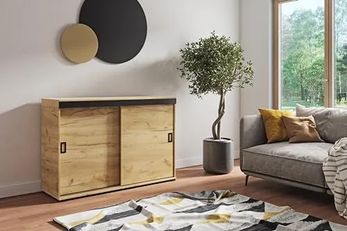 KIER FURNITURE Sideboard Mit Schiebetür – Wohnzimmerschrank – Schrank Wohnzimmer – Sideboard Wohnzimmer Schmal – Kommode Flur – Farbe Craft Eiche Gold – 120x45x94cm