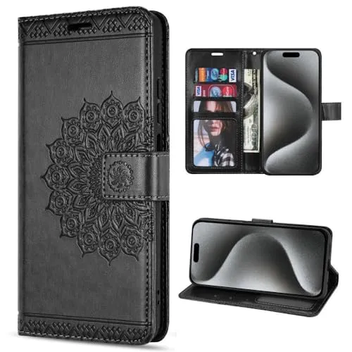 Hülle Kompatibel mit Apple iPhone 15 Pro | Klapphülle Schutzhülle mit Kartenfächer Kompatibel für iPhone 15 Pro | Magnetverschluss Flip Case | Schwarz