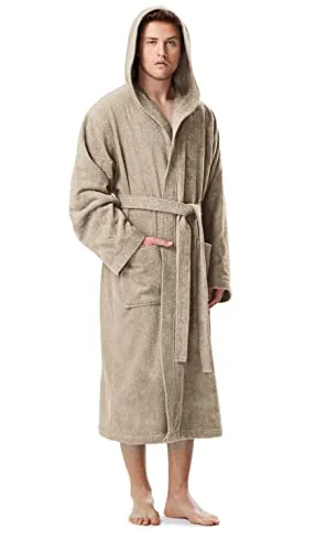 Herren Bademantel mit Kapuze, Größe: XXL-3XL, Sand - Damenmode: Hochwertiger Bademantel aus schadstofffreier Baumwolle, mit Kapuze und zwei großen Taschen, ideal für Sauna und Wellness.