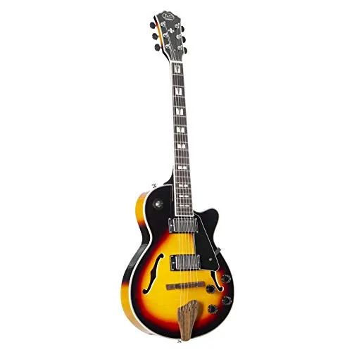 J&D SA Mini Halbakustik Gitarre, Sunburst - Akustische Gitarre mit Riegelahorn Decke und Humbucker Tonabnehmer für vielseitige Klänge. Ideal für Jazz, Funk und Blues, bietet sie optimale Spielbarkeit und ein stilvolles Design.