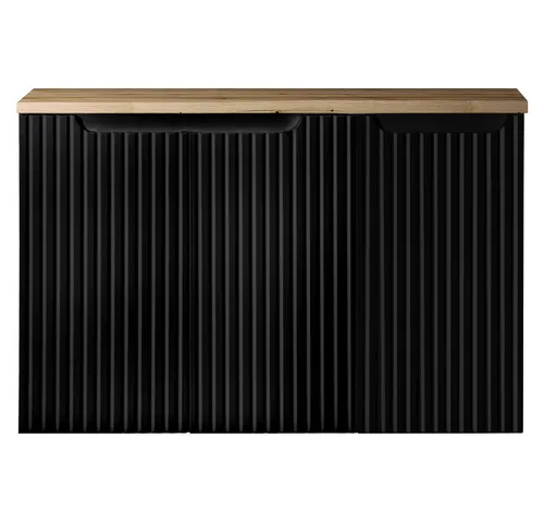 Lomadox Waschbeckenschrank NEWPORT-56-BLACK 90cm - Waschbeckenunterschrank in schwarz mit Eiche, grifflos und gerillter Front. Ideal für kleine Badezimmer – kombiniert minimalistisches Design mit hoher Funktionalität und Softclose-System.