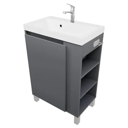 paplinskimoebel - Waschbecken mit Unterschrank SEVA, 57 cm Breite, Waschtisch Stehend oder Hängend, Badmöbel Set für Badezimmer, Waschbeckenunterschrank mit Toilettenpapierhalter - Anthrazit