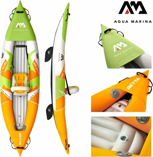Aqua Marina Kajak 312x83 cm für 1 Person mit Luftsitz verstellbarer Lehne Transporttasche Reparaturset und Handpumpe strapazierfähig Grün-Weiß-Orange