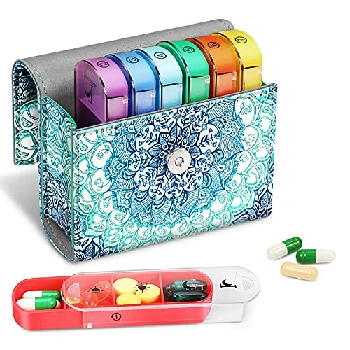 FINPAC Tablettenbox 7 Tage 4 Fächer - Pillendose 4 mal am Tag mit Kunstleder Tasche und Namenskarte Medikamentenbox für Pillen Vitamin Fischöl für Morgens Mittags Abends Nachts, Smaragdblau