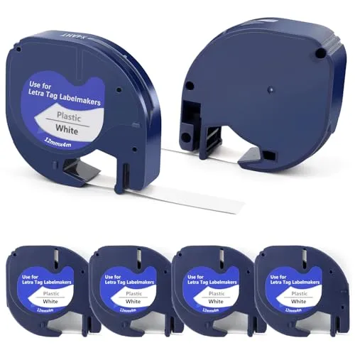 Etikettenband Kompatible für Dymo Etikettenband Letratag White Plastic 12mm x 4m Beschriftungsband Beschriftungsgerät Bänder für Dymo Letratag XR LT-100H LT-100T 200B 6 x