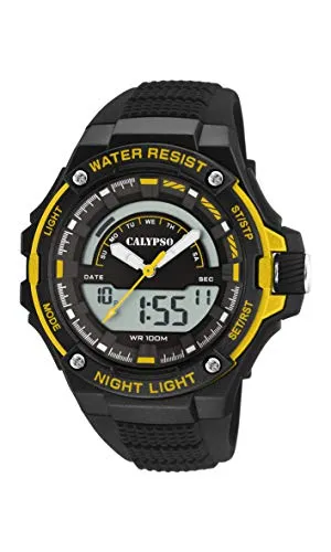 Calypso Digitale Analog Herrenuhr Kautschuk Schwarz - Quarz, 10 ATM, Datum, Stoppuhr, Dualzeit, Licht, Alarm, 12/24 Std - K5768/4 Flash Time