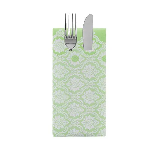 Sovie HORECA Airlaid Besteckserviette MANDY in APFELGRÜN – 40 x 40 cm, 1/8 Falz, 100 Stück – mit patentiertem Besteckschlitz – Ornament-Blütendesign - passend für Events, Catering, Hochzeiten