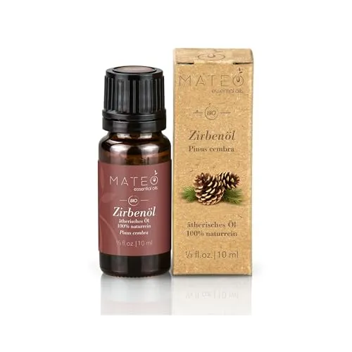 MateoEssentialOils – Natürliches Zirbenöl (Swiss Pine), Holziger Duft – Ideal für Diffusor, Aromatherapie, Raumduft, Sauna, Massage & Wellness – 10 ml.